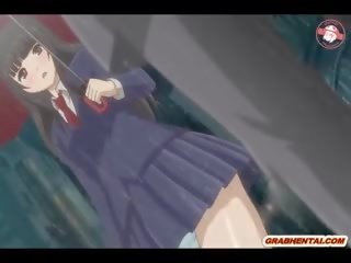 Jaapani anime koolitüdruk saab squeezing tema tissid ja sõrm